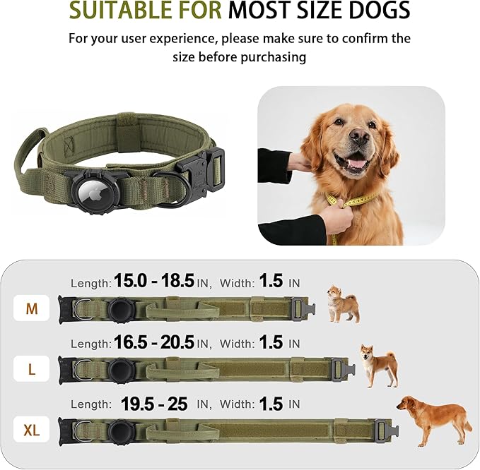 Tactical AirTag Dog Collar - Heavy Duty, Adjustable GPS Collar Compatible with Apple AirTag, with Holder & Control Handle for Medium/Large Dogs [ Green, M ]