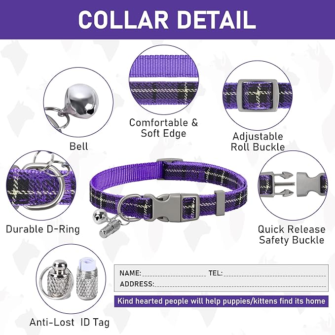 GAMUDA Small Dog Harness Collar and Leash Set, Step in No Chock No Pull Soft Mesh Adjustable Dog Vest Harnesses Plaid Reflective for Dogs Puppy Cats Kitten Rabbit (Purple, S)