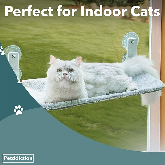 Cat Window Perch Hammock | Window Cat Bed Seat | Foldable Cordless Glass Ledge | Space-Saving Sill Extender | Heavy-Duty Frame | Strong Suction Mount | Reversible Machine-Washable Cover