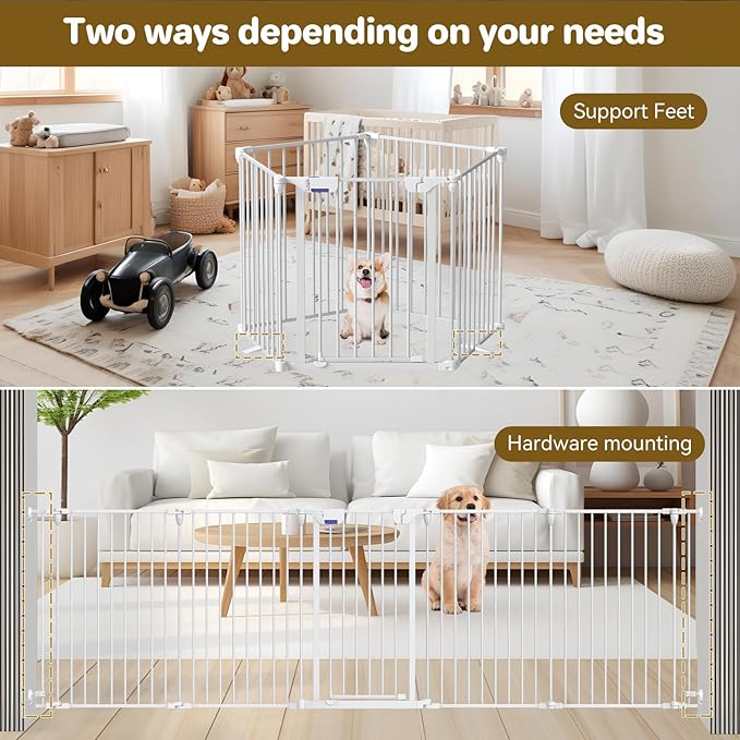 Dog Gate 27.5"-129" Extra-Wide Playpen, Freestanding Pet Gate, Puppy Fence with Auto-Close Door, Double Locking System for Fireplace, Foldable (White, 5 Panels)