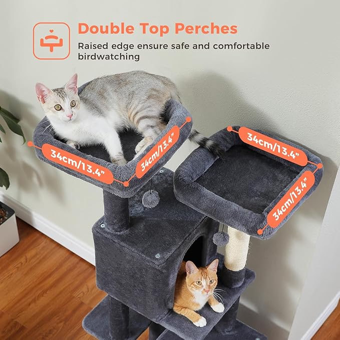 Cat Tree, 52.4 Inch Multi-Level Cat Tower for Indoor Cats with Dual Padded Top Perches, 2 Condos & Scratching Posts, Plush Cat Furniture for Kittens and Medium Cats, Dark Grey