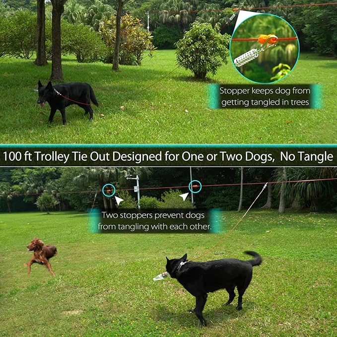 Heavy Duty Aerial Dog Tie Out Trolley System for Small to Large Dogs - Dog Run Cable 100ft /75ft Zipline with 10ft Runner Cable Great for Yard Camping Outdoor (Red, 100 ft for Two Dogs up to 300 lbs)