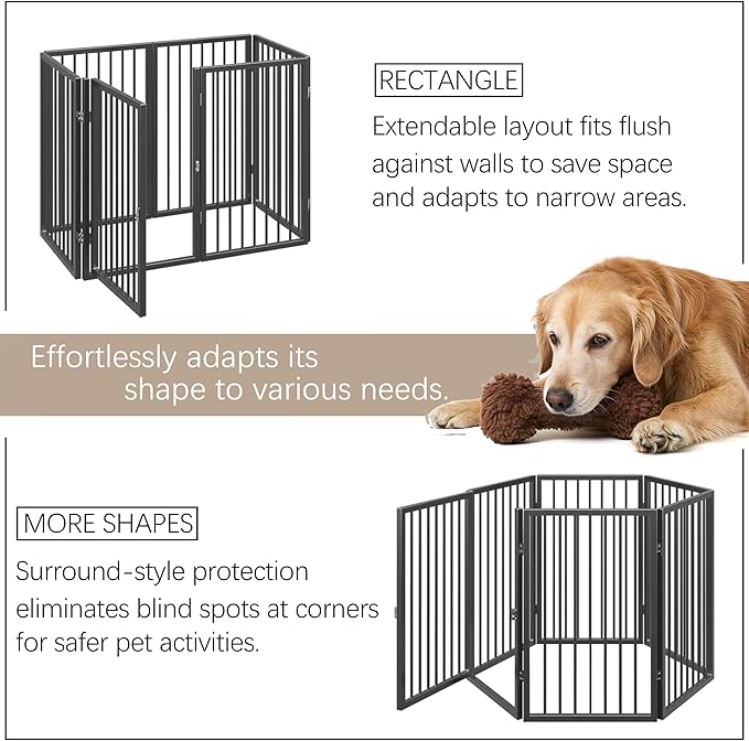 Vantas Folding No-Assembly Metal Pet Gate 120" Wide, 24" Extra Tall Dog Gate with Door Walk Through, Freestanding Accordion Puppy Gate Dog Door for Indoor & Outdoor, with 2PCS Support - Black
