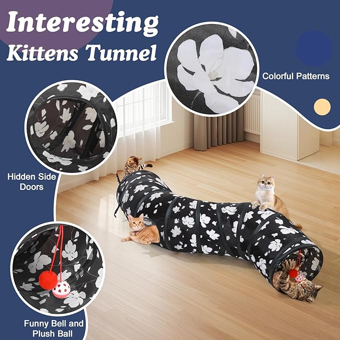 Pawaboo Cat Tunnel, S-Shaped Cat Tube Tunnel 25 * 97cm(9.8''*38.2'') with Balls and Bells, Collapsible Portable Kitten Play Tent Toy Interactive Cats House with Peep Holes for Kitty, Magnolia