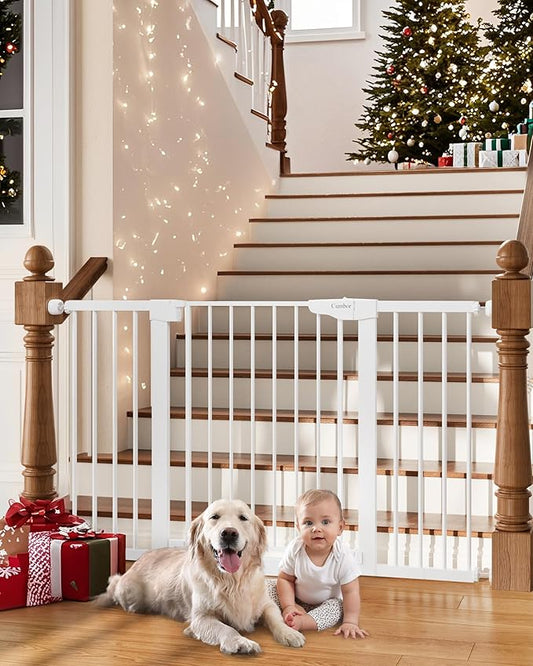 Cumbor 29.7-54.2" Wide Baby Gate for Stairs, Mom's Choice Awards Winner-Self Closing Dog Gate Indoor for Doorways, No Drilling Pressure Mounted Pet Gates for Kids, Easy Walk Through Safety Gate, White