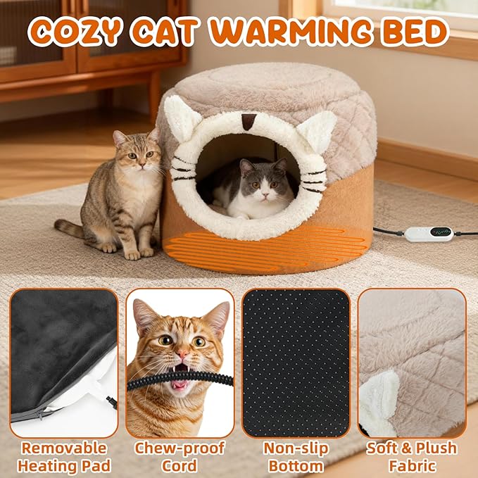 YUEPET 2-in-1 Heated Cat Bed,Electric Warming Pet Cave Tent & Cuddler with Timer & Temp Adjustable，Foldable Heated Bed for Indoor Cats with Removable Heating Pad,Machine Washable Pet Hideaway