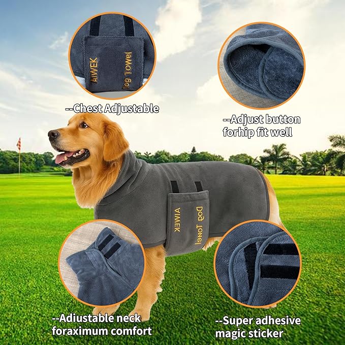 Dog Towel Dog Bathrobe, Microfiber Super Absorbent Pet, Quick Drying Robe for After Bath, Adjustable Collar & Belly Strap Pet Cat Bath Robe Towel Grey-2XL
