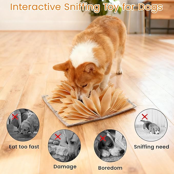 Snuffle Mat for Dogs - Accordion Fold & Suction Cups for Non-Slip, Machine Washable Interactive Licking Mat for Mental Stimulation, Anxiety Relief & Slow Feeding, Puzzle Toy for All Dogs(Beige)
