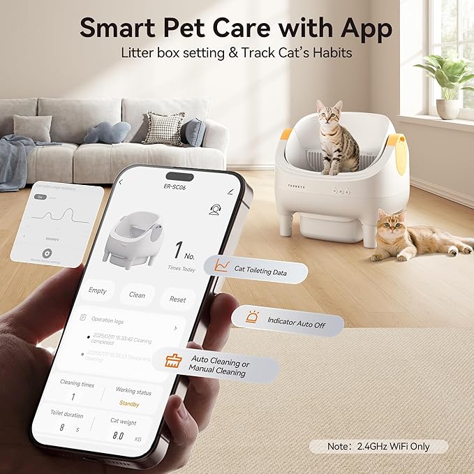 Thereye Self Cleaning Cat Litter Box, Open-Top Automatic Litter Box with Smart App and Safety Sensors, Large Auto Litter Box for Multiple Cats, 10L Waste Bin with Odor Control, Includes Trash Bag