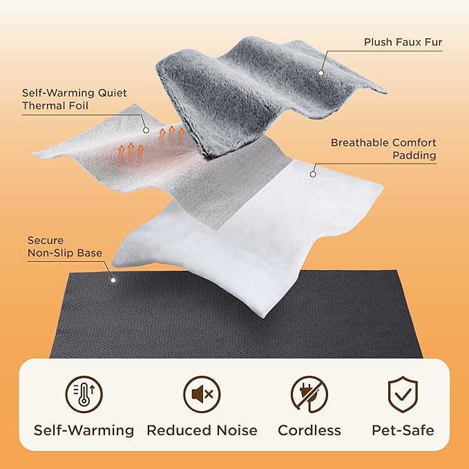 Bedsure Self Warming Cat Bed, Extra Warm Self Heating Mat for Cats & Dogs Non Electric, Anti-Slip Medium Thermal Pet Pad Indoor with Removable Washable Cover, 29" x 19",Grey
