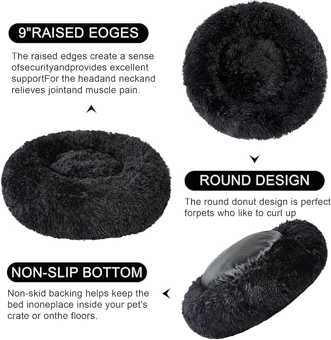 Dog Calming Beds for Medium Large Dogs - Round Donut Washable Puppy Dog Bed, Anti-Slip Faux Fur Fluffy Donut Cuddle Anxiety Cat Pet Bed(28'' Black)