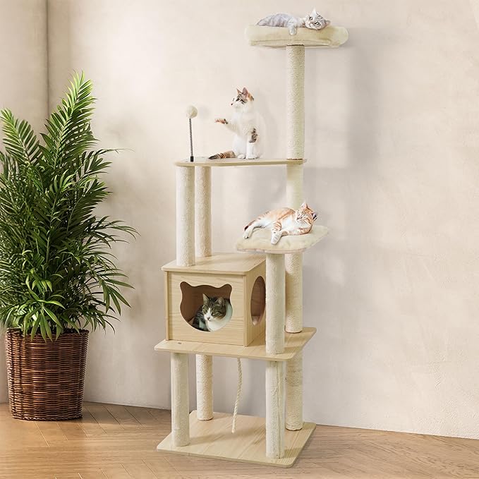 65” Wooden Cat Tree Tower for Indoor Large Cats & Kittens, Modern Tall Cat Climbing Tree w/Cave Condo, Scratching Posts, Perch, Multi-Level Cat Tower w/Interactive Toy & Detachable Cushion