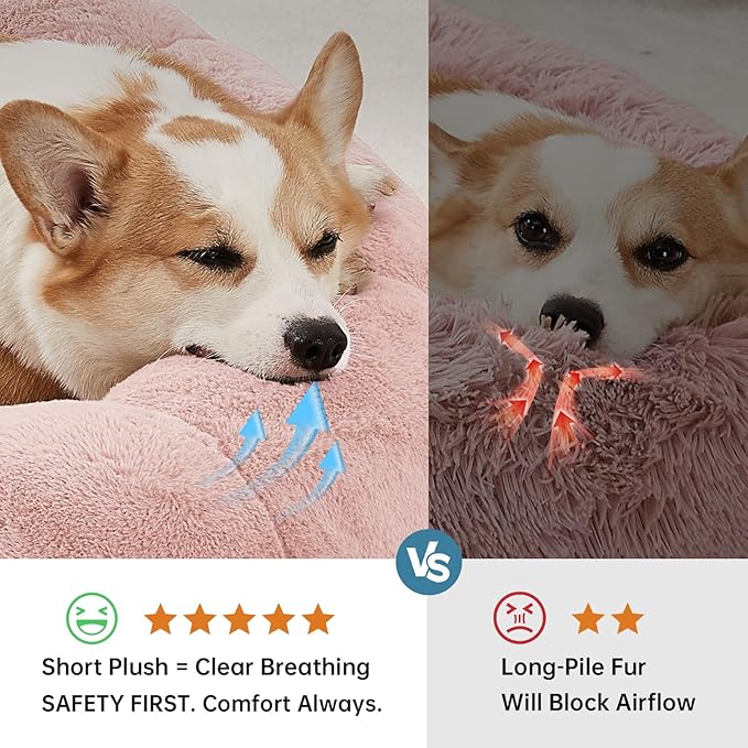 OhGeni 31 inches Calming Donut Orthopedic Dog & Cat Bed for Medium Pets, Warming Comfort Fluffy Short Pile Fur, Durable Waterproof Machine Washable Removable Cover, Cute Round Bed for Puppy, Pink