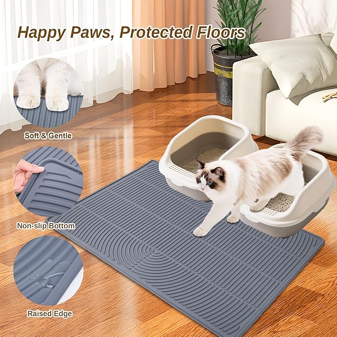 Cat Litter Mat XL Extra Large 40" x 28" Coverage | Waterproof Litter Trapping Mat for Litter Box | Deep Groove & Raised Edges, Easy Clean, Non-Slip Kitty Mat + Bonus Cat Collar