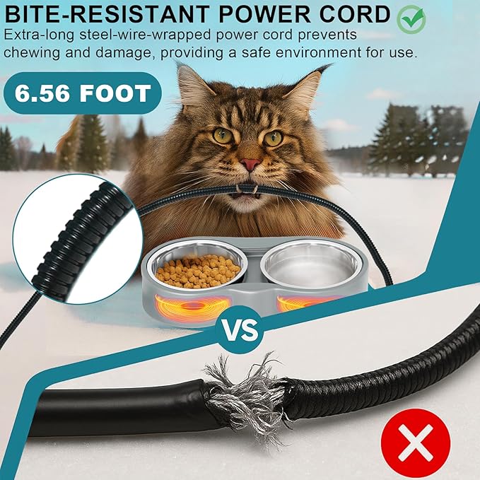 Pet Heated Bowl for Cat Dog, Freeze-Proof Warming Animal Food Feeder with Anti-Chew Cord,Waterproof & Thermostat Heating Bowls Removeable, (2 x 23 fl oz, Grey)