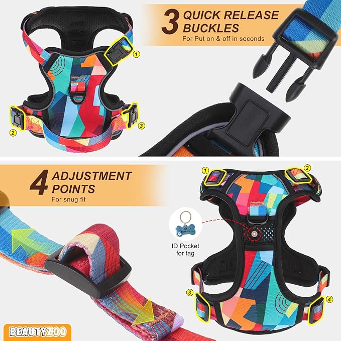 BEAUTYZOO No Pull Dog Harness Small, Adjustable Dog Harness and Leash Set -Easy Wearing with 3 Buckles/Control Handle,No Choke Soft Padded Reflective Pet Vest for Training Walking Hiking, S