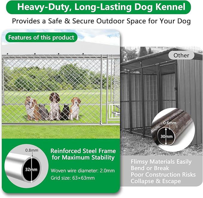 Outdoor Dog Kennel with Bowls 10x10 FT, Heavy Duty Large Outside Dog Enclosure with UV-Resistant Waterproof Sun-Proof Cover, Double Security Locks for Backyard Farm Ranch