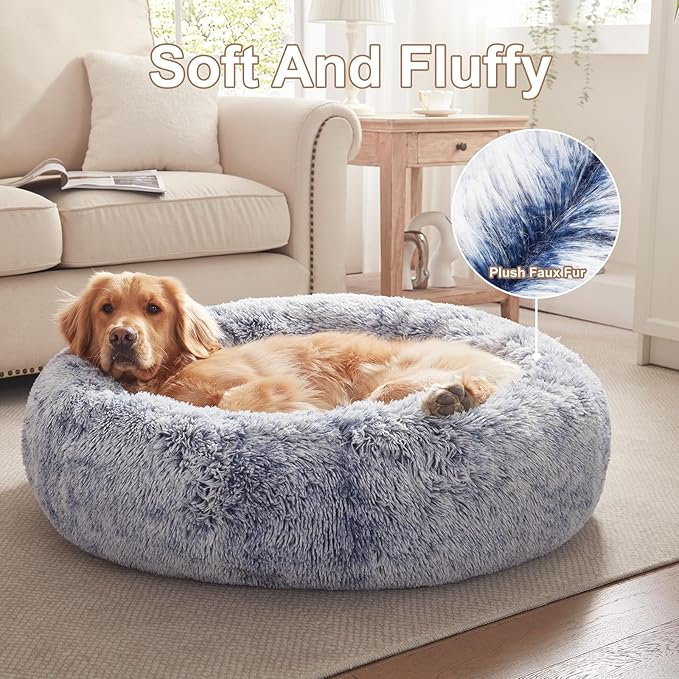 36 inches Donut Dog Bed for Large Dogs - Calming Fluffy Round Pet Bed with Removable & Washable Cover,Fits up to 80 lbs Pets (Dark Blue,Large)