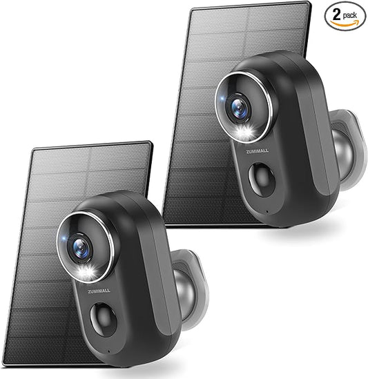 ZUMIMALL Solar Security Cameras Wireless Outdoor, 2Packs, Solar Camera Outdoor Wireless, 2.4G WiFi Battery Camera, 3MP Color Night Vision, Magnetic Mount, Siren,PIR/AI Analyse, IP66, Cloud, Alexa