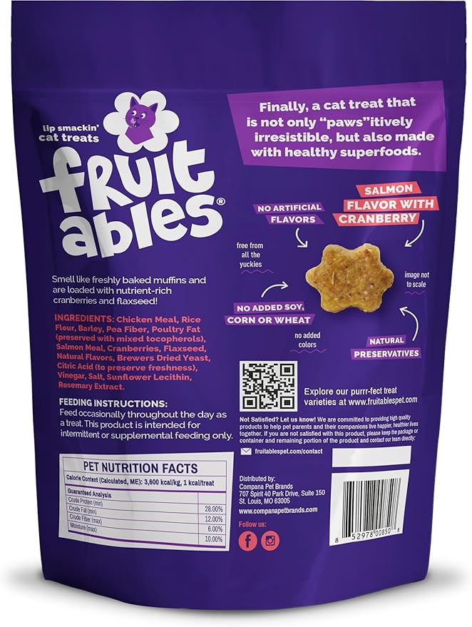 Fruitables Cat Treats, Healthy Treats For Cats, Low Calorie and Packed with Protein, Crunchy Biscuits, No Wheat, Corn or Soy, Made with Real Salmon and Cranberry, 2.5oz