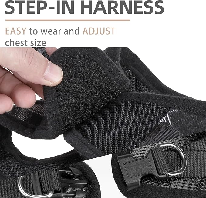 PUPTECK Adjustable Dog Harness Collar and Leash Set Step in No Pull Pet Harness for Small Medium Dogs Puppy and Cats Outdoor Walking Running, Soft Mesh Padded Reflective Vest Harnesses, Black XS