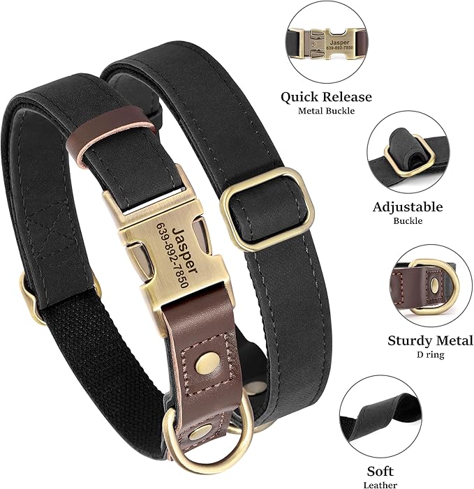 Personalized Dog Collars, Custom Soft PU Leather Dog Collar with Pet Name and Phone Number for Large Dogs, Adjustable and Durable Pet Collars with Quick Release Metal Buckle,XL(17-26")