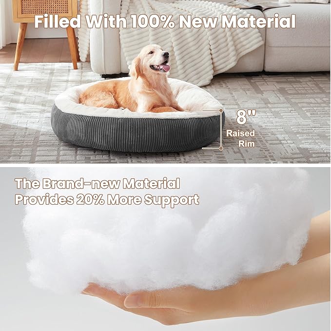 36 inches Donut Dog Bed for Large Dogs - Calming Round Pet Bed with Removable&Washable Cover, Plush Faux Fur & Corduroy, Fits Pets up to 80 lbs(Dark Grey, Large)