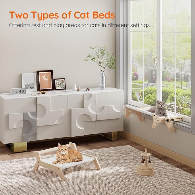 HOOBRO Cat Window Perch Set of 2, Cat Window Hammock with Soft Plush, Cat Window Seat with Support Legs for Indoor Use, Cat Beds for Window and Floor, Natural NL44CS03