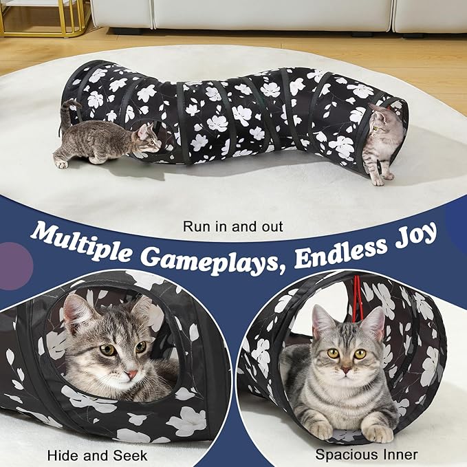 Pawaboo Cat Tunnel, S-Shaped Cat Tube Tunnel 25 * 97cm(9.8''*38.2'') with Balls and Bells, Collapsible Portable Kitten Play Tent Toy Interactive Cats House with Peep Holes for Kitty, Magnolia