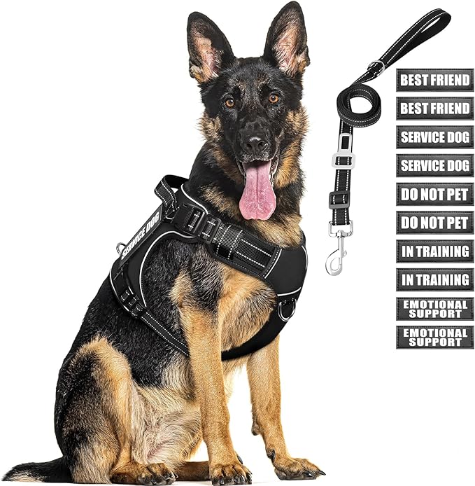 Tactical Dog Harness and Leash Set for Large Dogs,Heavy Duty No Pull Service Dog Vest and 10 Patches with Dog Seat Belt,Reflective Adjustable Pet Harness for Training Walking Hiking Black XL