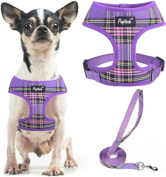 PUPTECK Soft Mesh Dog Harness and Leash Set Pet Puppy Cat Comfort Padded Vest No Pull Harnesses, Purple, XS