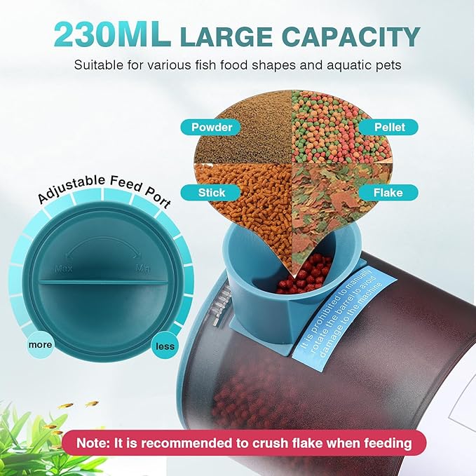 AQQA Automatic Fish Feeder for Aquarium - Auto Fish Food Dispenser with 8/12/24/48H Timer, 230ml Large Capacity Vacation Tank Feeder for Turtle Betta Goldfish, Feeding Port Automatic Alignment