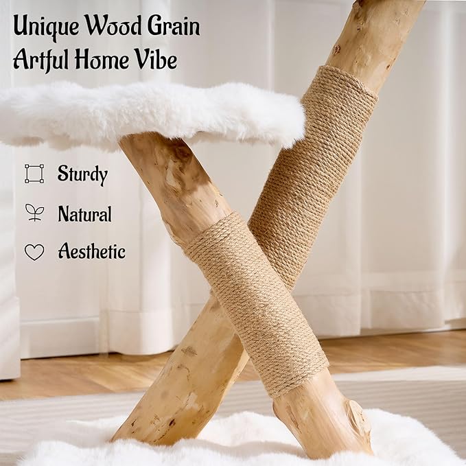 Natural Wood Cat Tree for Indoor Cats Adults, 33in Modern Cat Tree Tower with Super Soft Plush Cat Bed & Perch, Sisal Scratching Posts and Hanging Plush Ball, Ivory White