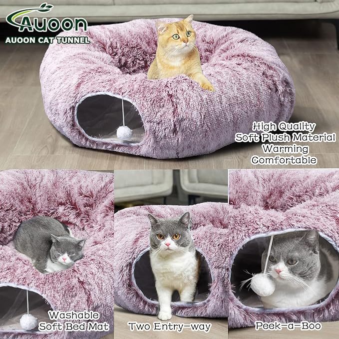 AUOON Cat Tunnel Bed for Indoor Cats - Christmas Tree Cat Tunnel, Circle Peekaboo Cat Cave with Washable Mat for Indoor Cats Kitten Kitty Puppy Rabbit Ferret (Rosiness)