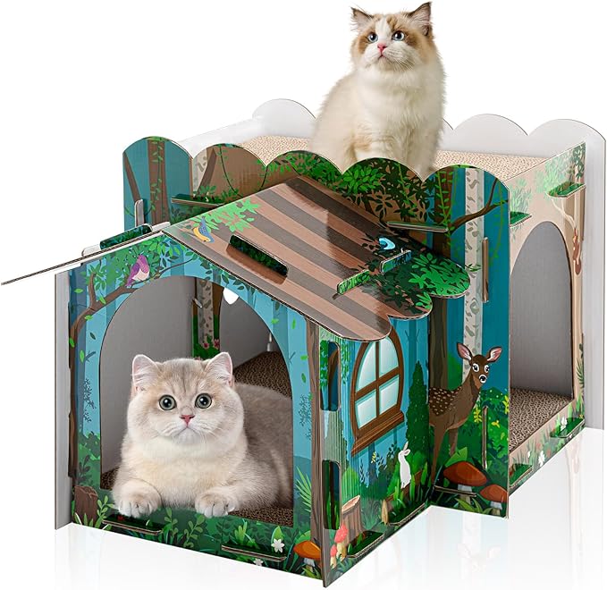 2 Story Cardboard Cat House with Scratcher Pad for Small Kitten,17x12x10 Multi Level Durable Cat Condo & Villa for Bunny Rabbit Small Animals Christmas Birthday Gift(Forest)