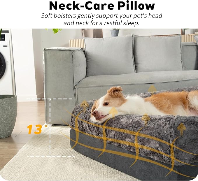 Giant Memory Foam Human Dog Bed for Adults People Fits Pet Families Extra Large Orthopedic Dog Beds with Sides, Washable Bolster Pet Bed Couch with Removable Cover, 70x50x13 Inch, Dark Grey