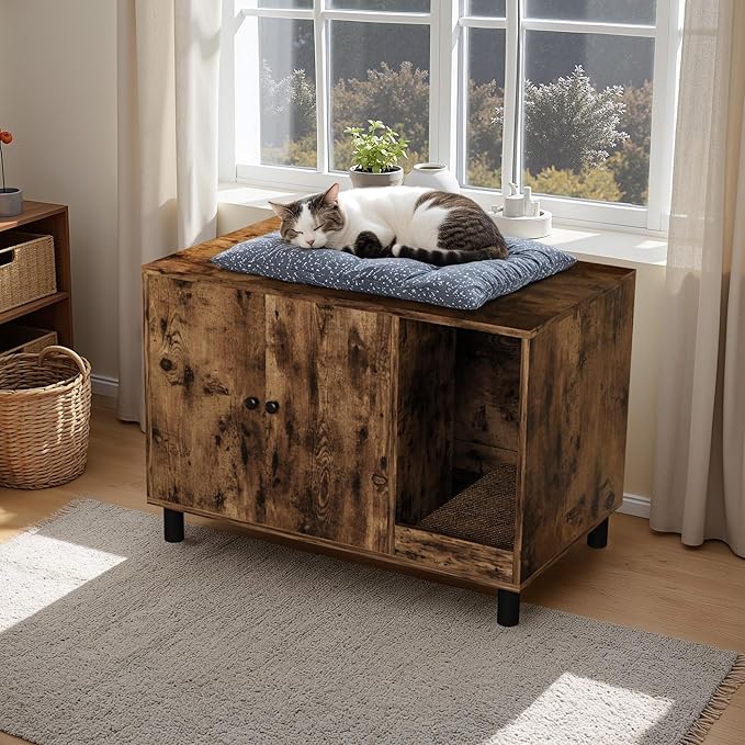 WARCAT Cat Litter Box Enclosure, Modern Hidden Litter Box Enclosure Furniture, Hidden Washroom with Scratch Pad, Barn Door Design, Indoor Cat House & End Table (Rustic Brown)