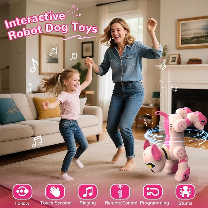 anysun Remote Control Robot Dog Toy for Kids, Programmable Smart Puppy Intelligent Learning Dancing Walking RC Robot Toys for Girls and Boys (Pink)