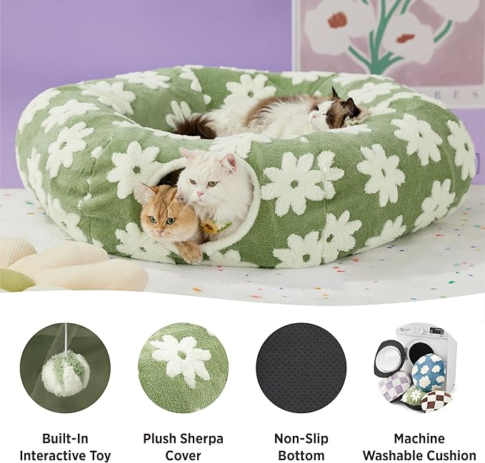 Lesure Large Cat Tunnel Bed - Cute Donut Bed for Indoor Cats with Washable Circle Cushion, Round Pet Peekaboo Cave Toy for Multi Kitten/Puppy/Rabbit, Large Flower Garden Green
