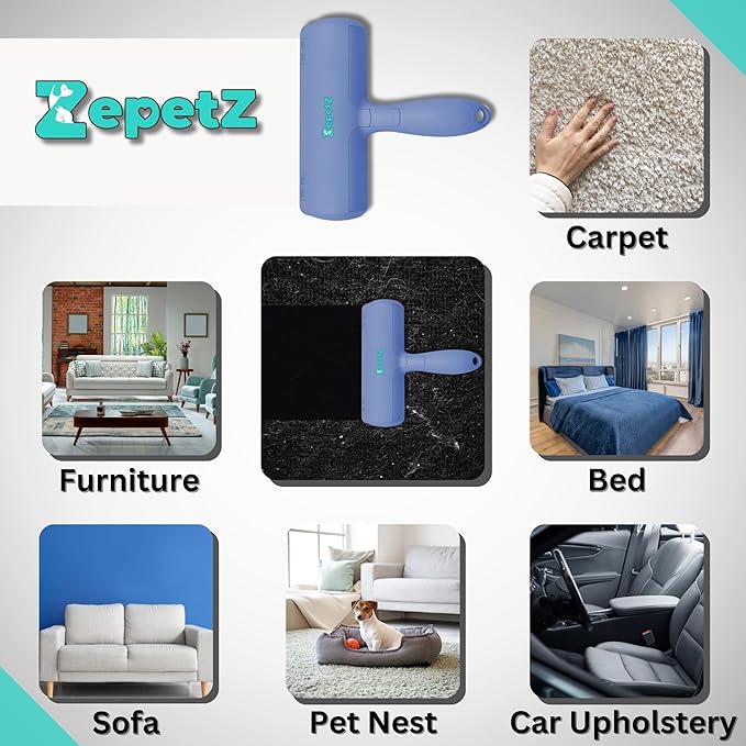 Pet Hair Remover Roller – Reusable Self-Cleaning Fur Removal Tool for Dogs & Cats – Ergonomic & Eco-Friendly Lint Roller for Couch, Carpet, Bed, Car Seat & More (Blue)