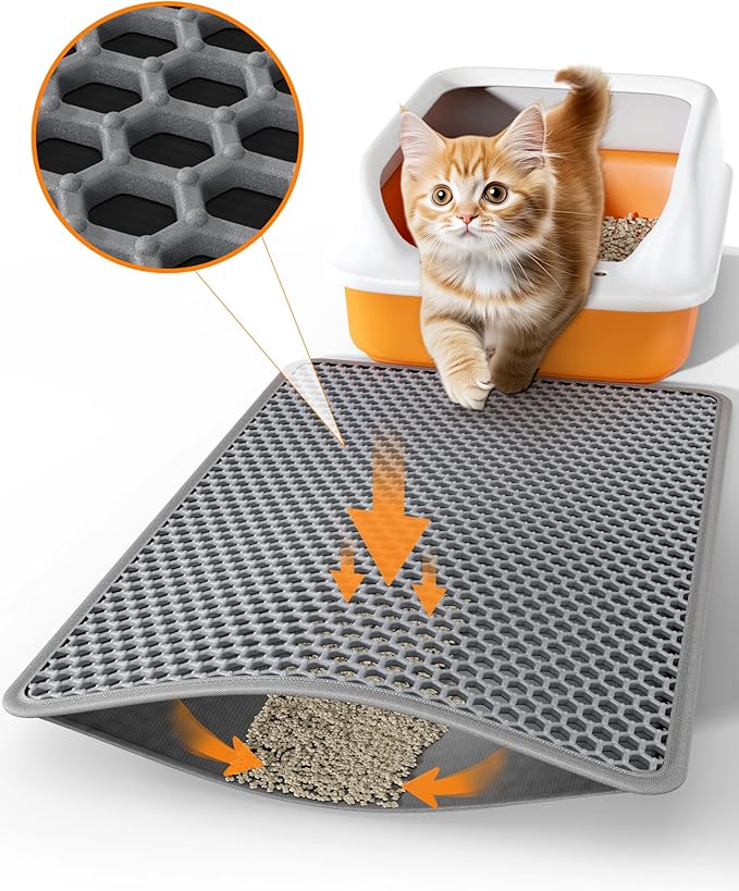 Cat Litter Mat - 23.2" x 14.6" Small Litter Box Mat with Double Layers, Urine-Proof and Non-Slip Litter Trapping Mat, Easy to Clean Kitty Litter Mats for Floor, Scatter Control, Grey