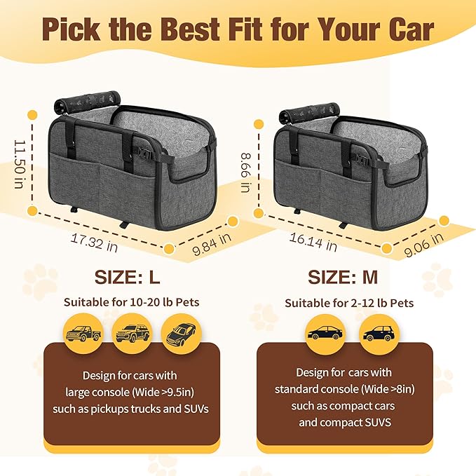 YUDODO Large Dog Car Seat for Center Console (Width＞9.5in) Fits 10-20lbs, Anti-Slip Puppy Cat Travel Portable Booster Seat, Luxury Pet Car Bed Carseat PU Leather Gray