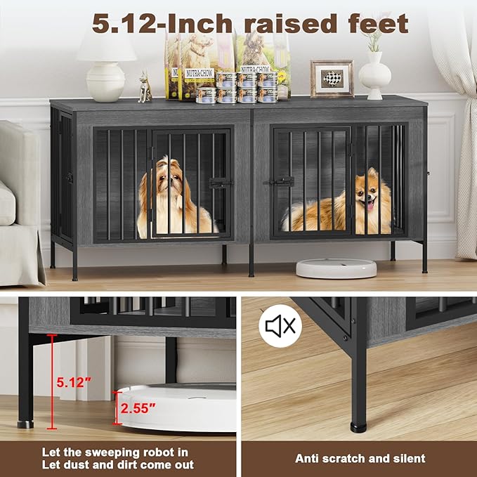 EasyCom Dog Crate Furniture for 1 or 2 Dogs, Heavy Duty Single/Double Dog Crates for Small/Medium/Large Dogs, Dog Kennel Furniture Indoor as TV Stand, Small Size 55.12" L(0-20 Pounds), Oak Grey