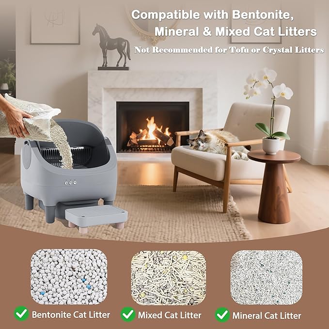 Self Cleaning Litter Box, App Control, Automatic Litter Box with Step, Odor-Free Includes Large Waste Bin and Trash Bags, Open Top Large Capacity for Multiple Cats, Quiet Operation, Safety Protection