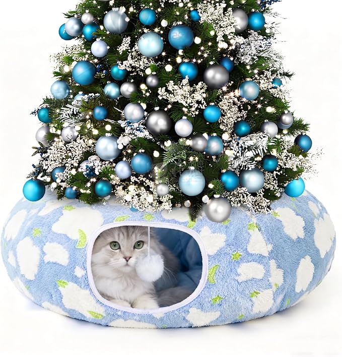 Cat Tunnel Bed, Foldable Cat Donut Tunnel with Removable Cushion, Toy Ball & Social Windows, Stress Relief Fun, Round Pet Play Tunnel for Indoor Cats, Kittens and Small Pets (3D Cloud Pattern)