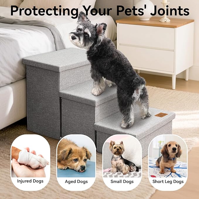Wider Dog Stairs with Storage 18" H, 3-Step Sturdy Dog Steps for Large/Medium/Small Older Senior Dogs Cats, Folding Pet Stairs Climbing Bed or Couch, Arthritis-Friendly (Gray, No Condo)