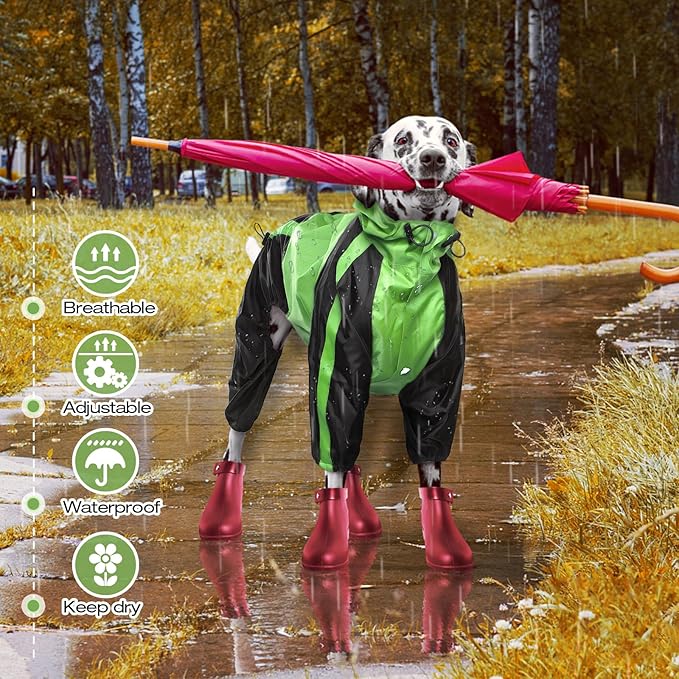 Dog Raincoat - Waterproof, Lightweight Jacket for Large Dogs - Adjustable 4 Legs Pet Poncho With Hood - Snow-Proof Vest With Leash Hole