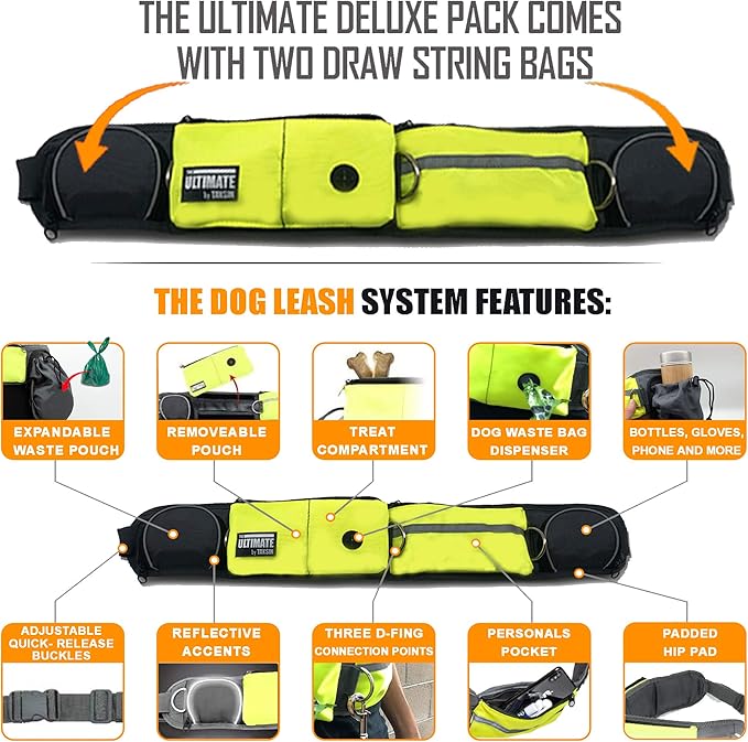 TAKSIN The Ultimate Hands Free Two Dogs Double Leash System for Walking Running Hiking Training, Reflective Bungee Leash, Treat Holder, Poop Bag Dispenser Small Medium Large Dogs (Yellow Deluxe Pack)