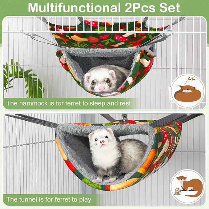 Bienbee 2 Pcs Ferret Rat Hammock Set for Cage Washable Guinea Pig Hideout Bed Soft Small Animal Hammock Tunnel Toys Ferret Cage Accessories for Hedgehog Sugar Glider Squirrel Hamster, Green Mushroom