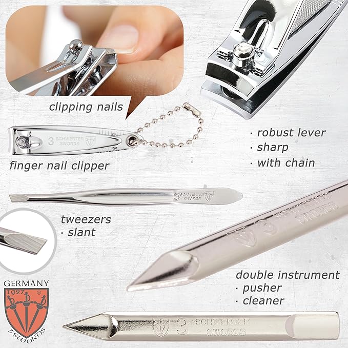 3 Swords Germany - brand quality 7 piece manicure pedicure grooming kit set for professional finger & toe nail care scissors clipper fashion leather case in gift box, Made by 3 Swords Germany (6301)
